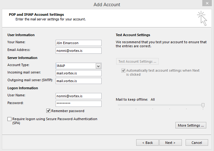 Uppsetning á Outlook - Skref 2